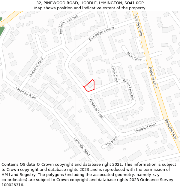 32, PINEWOOD ROAD, HORDLE, LYMINGTON, SO41 0GP: Location map and indicative extent of plot