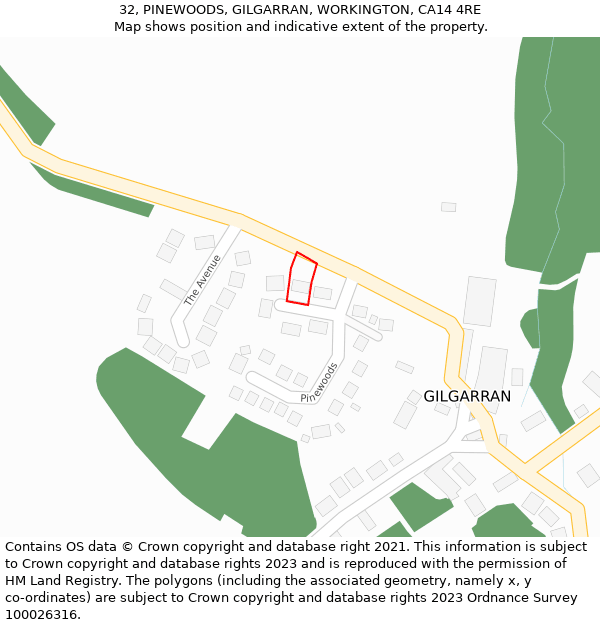 32, PINEWOODS, GILGARRAN, WORKINGTON, CA14 4RE: Location map and indicative extent of plot