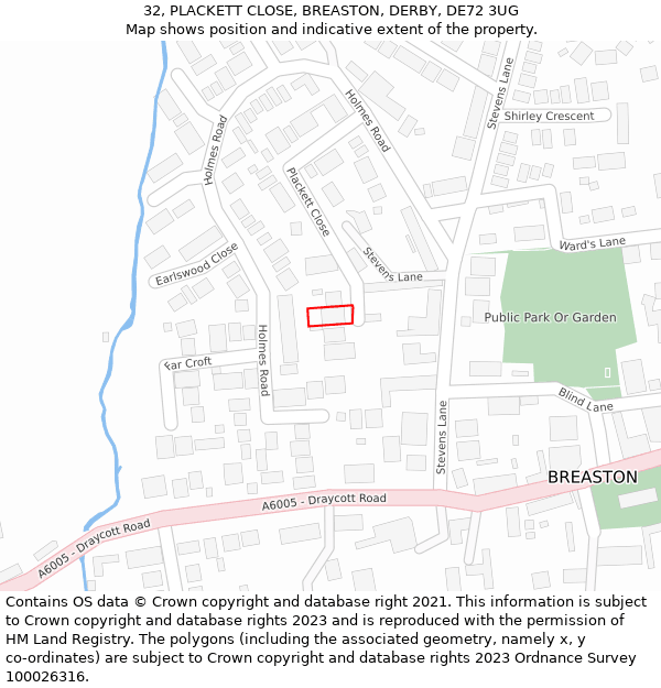 32, PLACKETT CLOSE, BREASTON, DERBY, DE72 3UG: Location map and indicative extent of plot