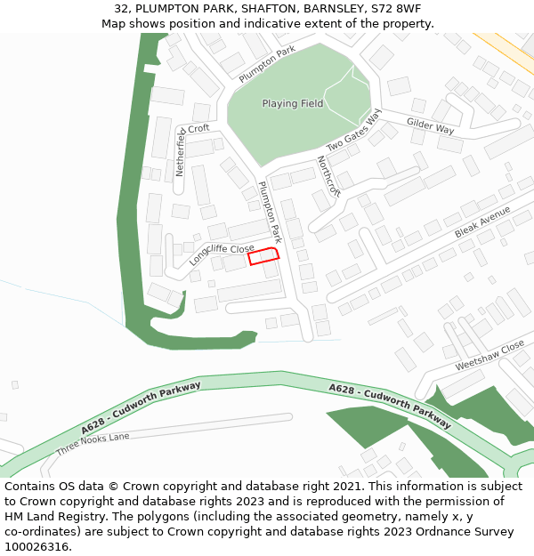 32, PLUMPTON PARK, SHAFTON, BARNSLEY, S72 8WF: Location map and indicative extent of plot