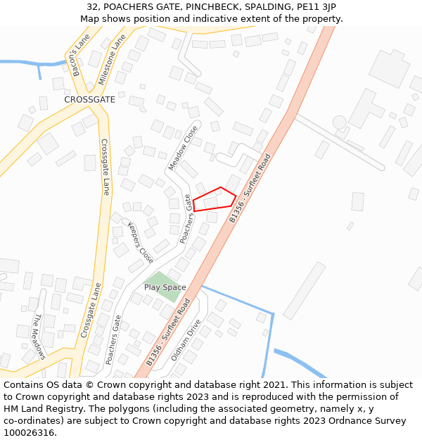 32, POACHERS GATE, PINCHBECK, SPALDING, PE11 3JP: Location map and indicative extent of plot