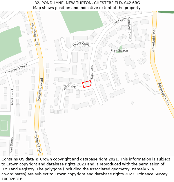 32, POND LANE, NEW TUPTON, CHESTERFIELD, S42 6BG: Location map and indicative extent of plot