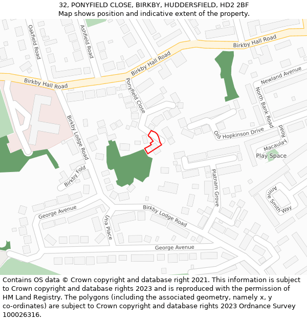32, PONYFIELD CLOSE, BIRKBY, HUDDERSFIELD, HD2 2BF: Location map and indicative extent of plot