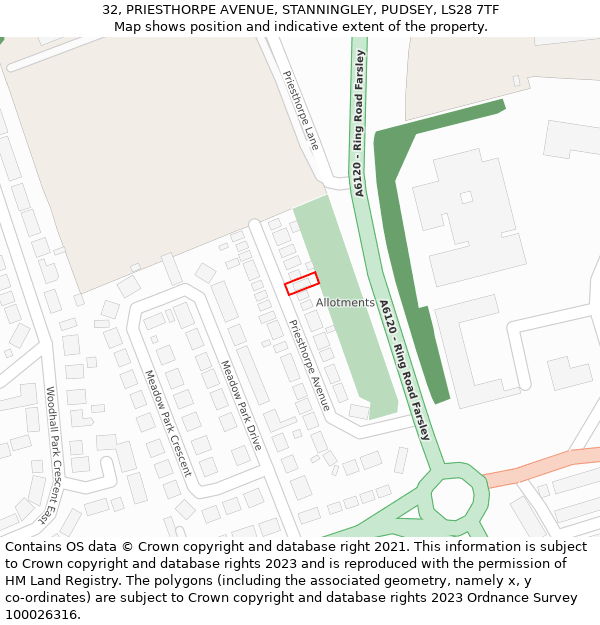 32, PRIESTHORPE AVENUE, STANNINGLEY, PUDSEY, LS28 7TF: Location map and indicative extent of plot