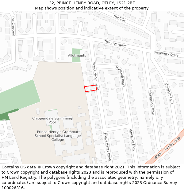 32, PRINCE HENRY ROAD, OTLEY, LS21 2BE: Location map and indicative extent of plot