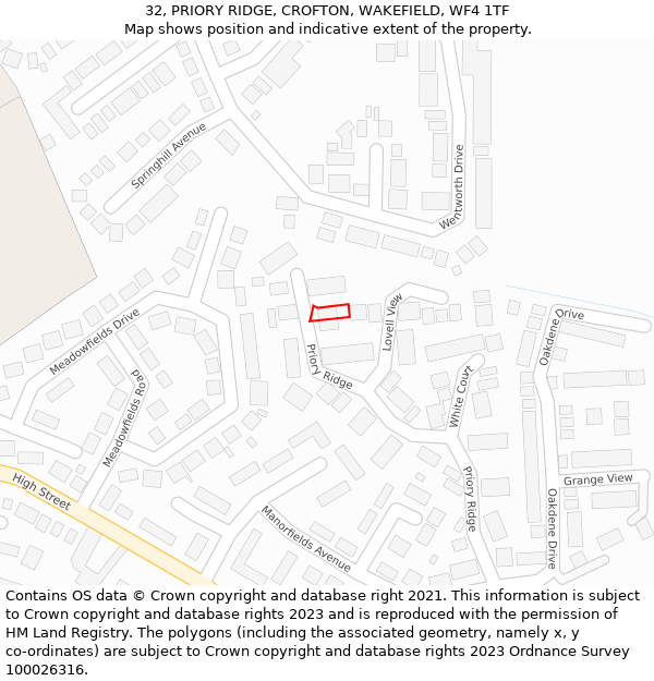 32, PRIORY RIDGE, CROFTON, WAKEFIELD, WF4 1TF: Location map and indicative extent of plot