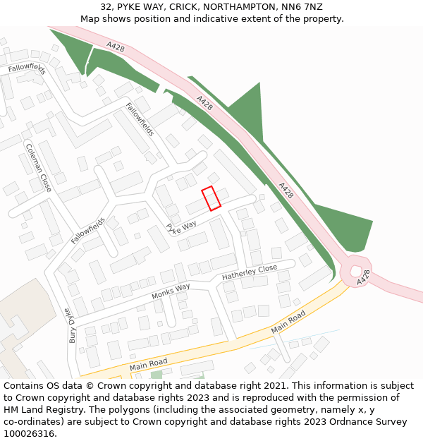 32, PYKE WAY, CRICK, NORTHAMPTON, NN6 7NZ: Location map and indicative extent of plot