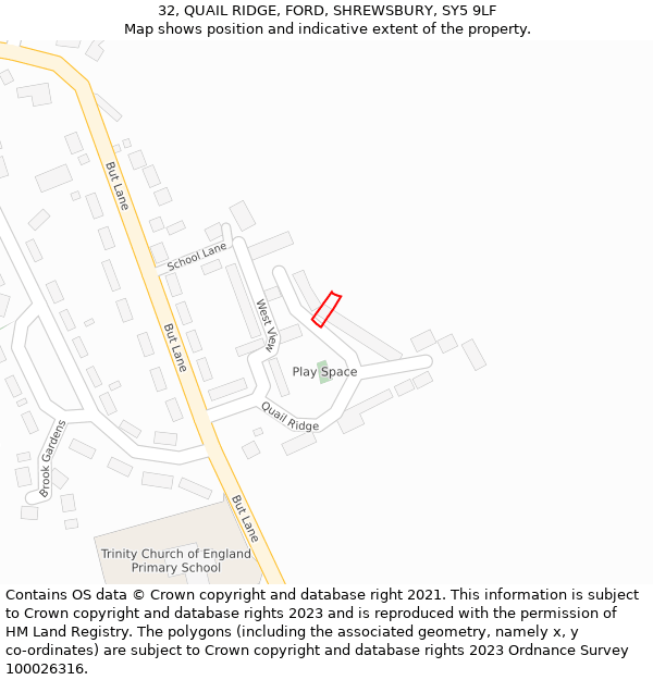 32, QUAIL RIDGE, FORD, SHREWSBURY, SY5 9LF: Location map and indicative extent of plot