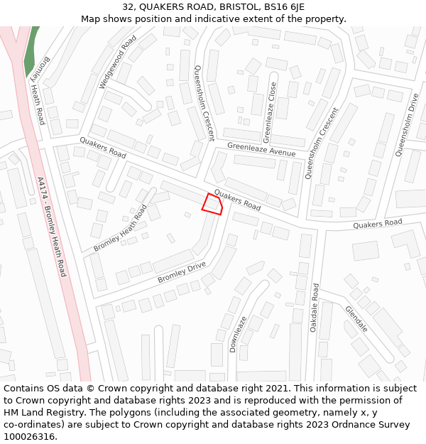 32, QUAKERS ROAD, BRISTOL, BS16 6JE: Location map and indicative extent of plot