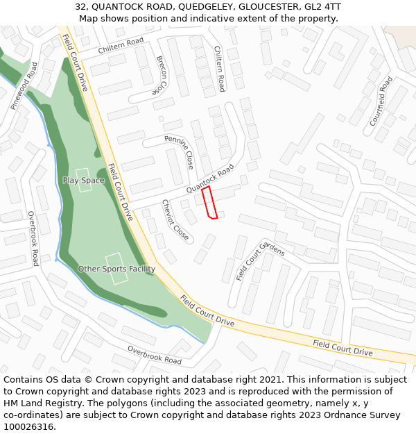 32, QUANTOCK ROAD, QUEDGELEY, GLOUCESTER, GL2 4TT: Location map and indicative extent of plot