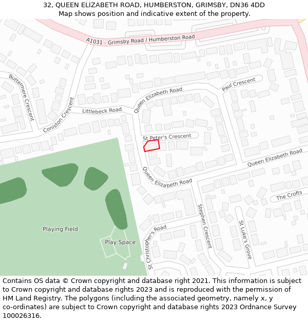 32, QUEEN ELIZABETH ROAD, HUMBERSTON, GRIMSBY, DN36 4DD: Location map and indicative extent of plot