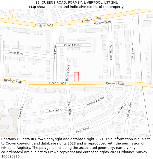 32, QUEENS ROAD, FORMBY, LIVERPOOL, L37 2HL: Location map and indicative extent of plot