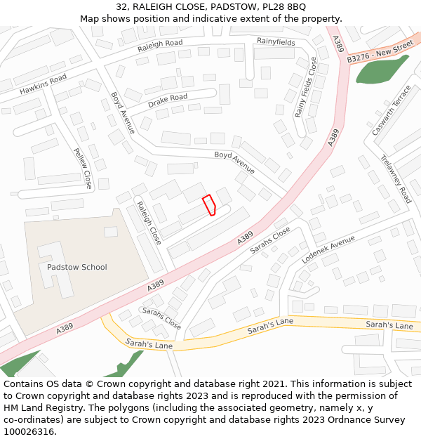 32, RALEIGH CLOSE, PADSTOW, PL28 8BQ: Location map and indicative extent of plot