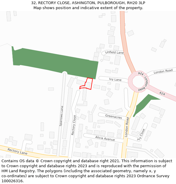 32, RECTORY CLOSE, ASHINGTON, PULBOROUGH, RH20 3LP: Location map and indicative extent of plot