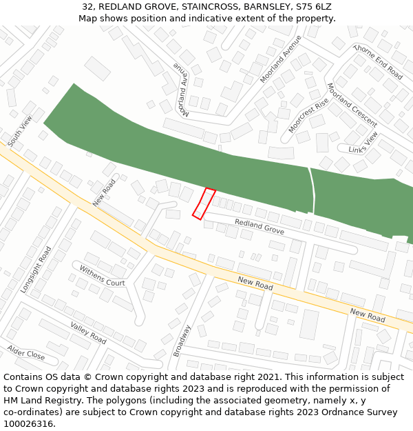 32, REDLAND GROVE, STAINCROSS, BARNSLEY, S75 6LZ: Location map and indicative extent of plot