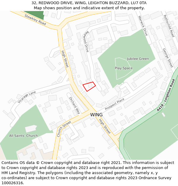 32, REDWOOD DRIVE, WING, LEIGHTON BUZZARD, LU7 0TA: Location map and indicative extent of plot