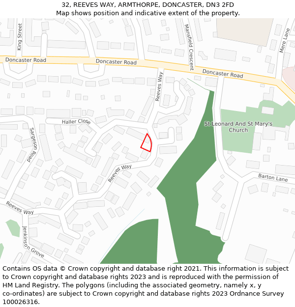 32, REEVES WAY, ARMTHORPE, DONCASTER, DN3 2FD: Location map and indicative extent of plot