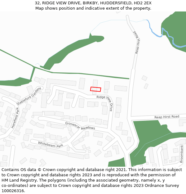 32, RIDGE VIEW DRIVE, BIRKBY, HUDDERSFIELD, HD2 2EX: Location map and indicative extent of plot