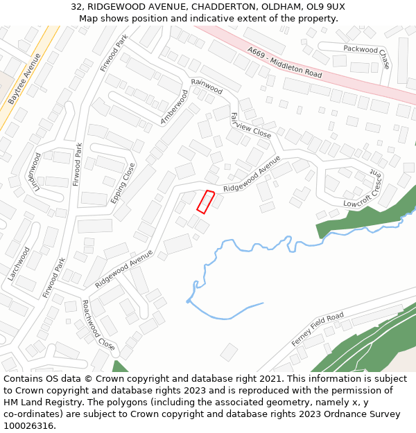 32, RIDGEWOOD AVENUE, CHADDERTON, OLDHAM, OL9 9UX: Location map and indicative extent of plot