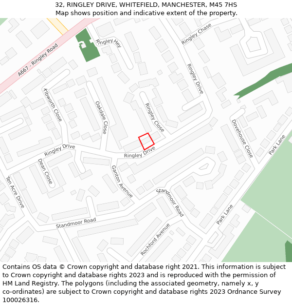 32, RINGLEY DRIVE, WHITEFIELD, MANCHESTER, M45 7HS: Location map and indicative extent of plot
