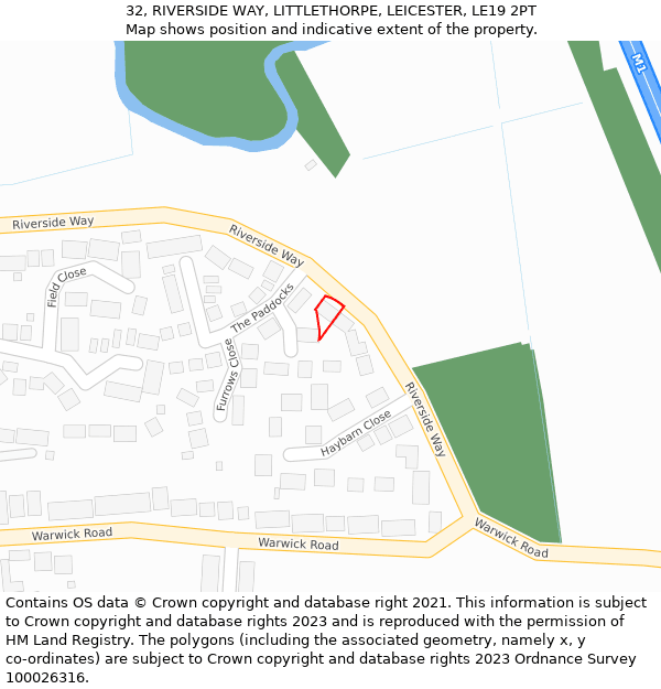 32, RIVERSIDE WAY, LITTLETHORPE, LEICESTER, LE19 2PT: Location map and indicative extent of plot