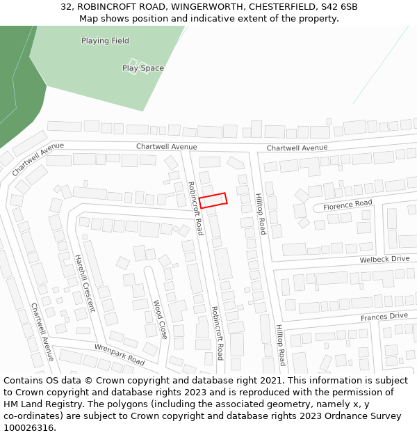 32, ROBINCROFT ROAD, WINGERWORTH, CHESTERFIELD, S42 6SB: Location map and indicative extent of plot