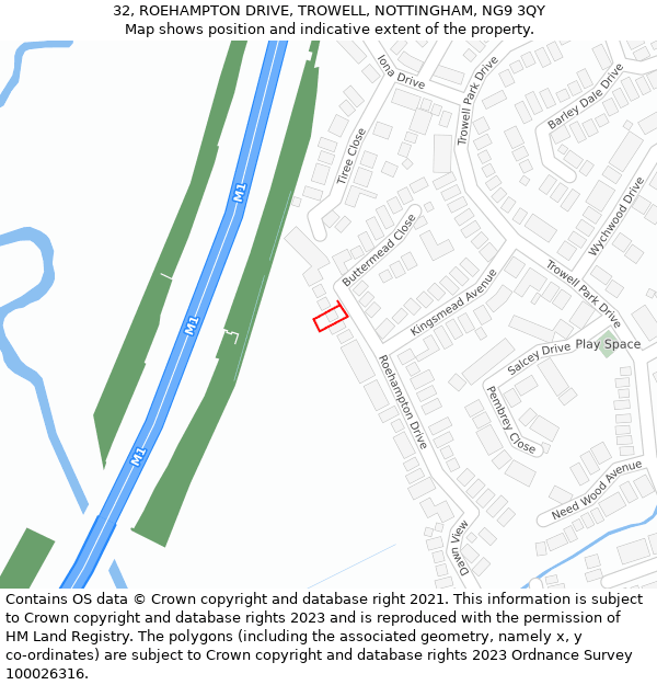 32, ROEHAMPTON DRIVE, TROWELL, NOTTINGHAM, NG9 3QY: Location map and indicative extent of plot