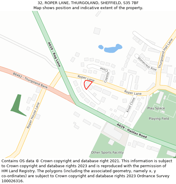 32, ROPER LANE, THURGOLAND, SHEFFIELD, S35 7BF: Location map and indicative extent of plot