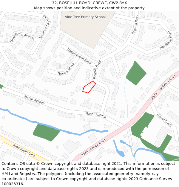 32, ROSEHILL ROAD, CREWE, CW2 8AX: Location map and indicative extent of plot