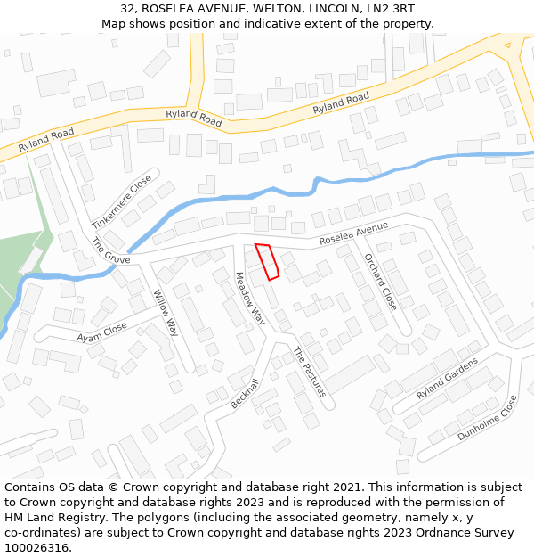 32, ROSELEA AVENUE, WELTON, LINCOLN, LN2 3RT: Location map and indicative extent of plot