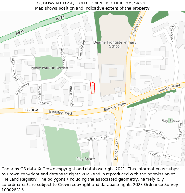 32, ROWAN CLOSE, GOLDTHORPE, ROTHERHAM, S63 9LF: Location map and indicative extent of plot