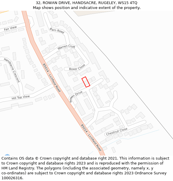 32, ROWAN DRIVE, HANDSACRE, RUGELEY, WS15 4TQ: Location map and indicative extent of plot