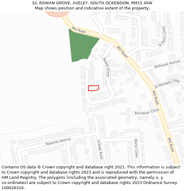 32, ROWAN GROVE, AVELEY, SOUTH OCKENDON, RM15 4SW: Location map and indicative extent of plot