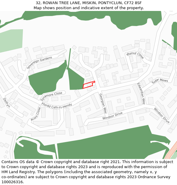 32, ROWAN TREE LANE, MISKIN, PONTYCLUN, CF72 8SF: Location map and indicative extent of plot