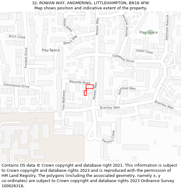 32, ROWAN WAY, ANGMERING, LITTLEHAMPTON, BN16 4FW: Location map and indicative extent of plot