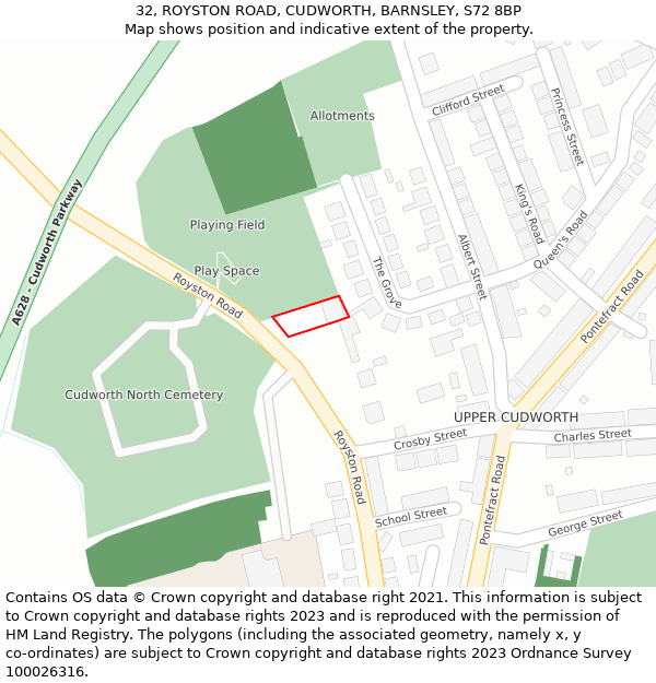 32, ROYSTON ROAD, CUDWORTH, BARNSLEY, S72 8BP: Location map and indicative extent of plot