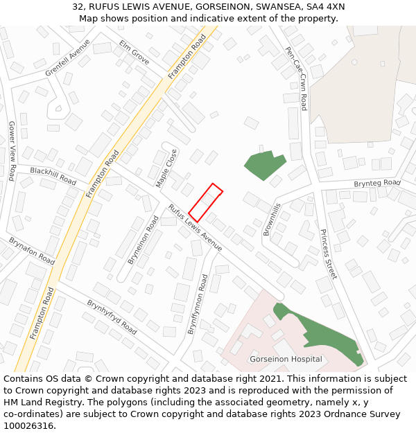 32, RUFUS LEWIS AVENUE, GORSEINON, SWANSEA, SA4 4XN: Location map and indicative extent of plot