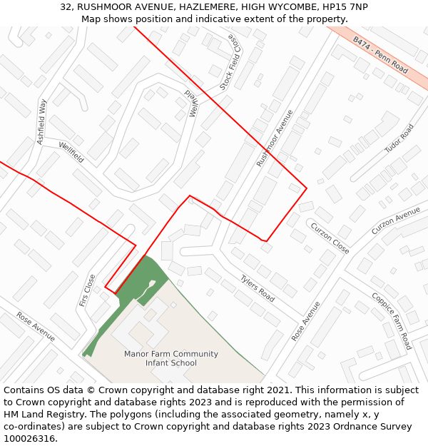 32, RUSHMOOR AVENUE, HAZLEMERE, HIGH WYCOMBE, HP15 7NP: Location map and indicative extent of plot