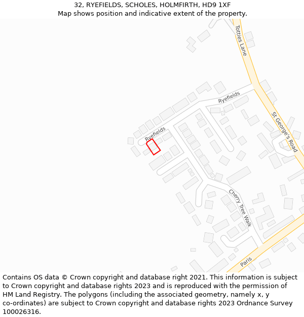 32, RYEFIELDS, SCHOLES, HOLMFIRTH, HD9 1XF: Location map and indicative extent of plot