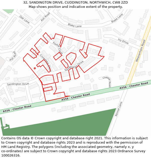 32, SANDINGTON DRIVE, CUDDINGTON, NORTHWICH, CW8 2ZD: Location map and indicative extent of plot