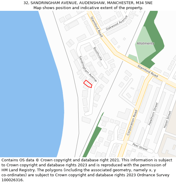 32, SANDRINGHAM AVENUE, AUDENSHAW, MANCHESTER, M34 5NE: Location map and indicative extent of plot