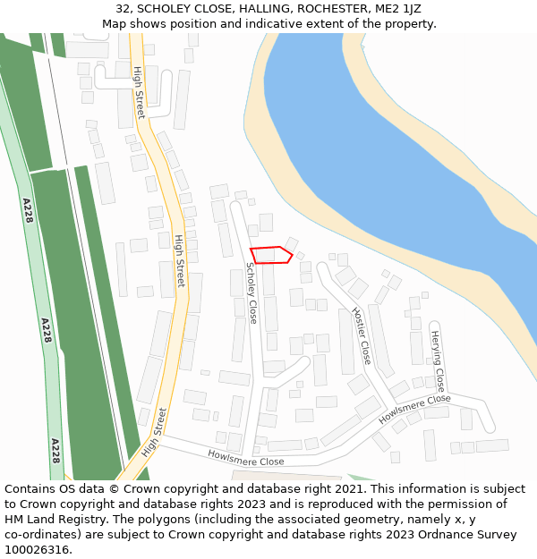 32, SCHOLEY CLOSE, HALLING, ROCHESTER, ME2 1JZ: Location map and indicative extent of plot