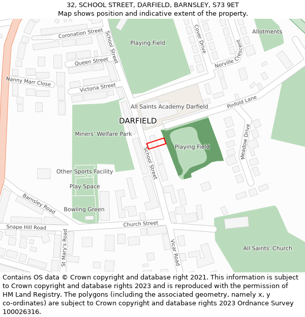 32, SCHOOL STREET, DARFIELD, BARNSLEY, S73 9ET: Location map and indicative extent of plot