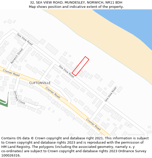 32, SEA VIEW ROAD, MUNDESLEY, NORWICH, NR11 8DH: Location map and indicative extent of plot