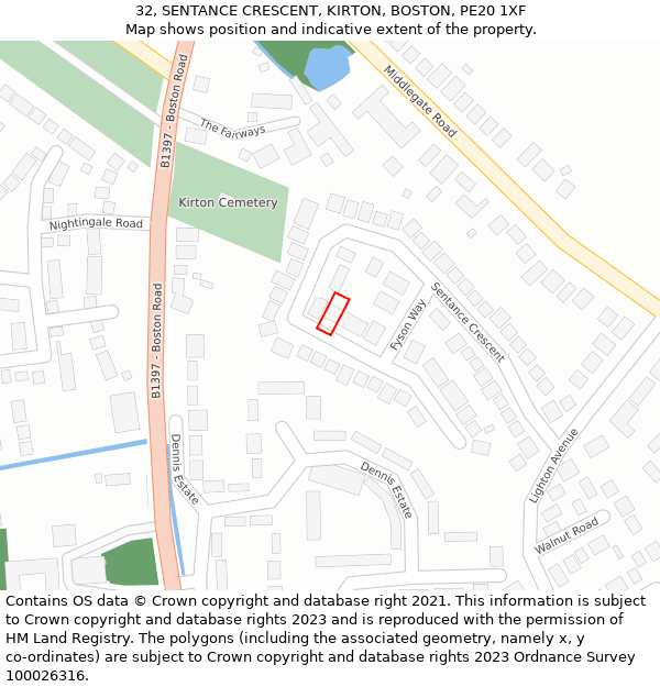 32, SENTANCE CRESCENT, KIRTON, BOSTON, PE20 1XF: Location map and indicative extent of plot