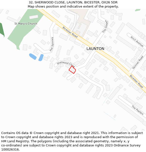 32, SHERWOOD CLOSE, LAUNTON, BICESTER, OX26 5DR: Location map and indicative extent of plot