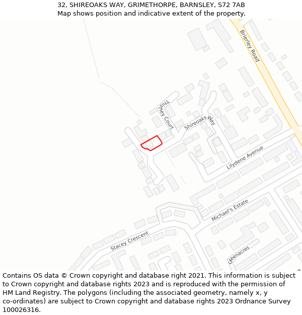 32, SHIREOAKS WAY, GRIMETHORPE, BARNSLEY, S72 7AB: Location map and indicative extent of plot