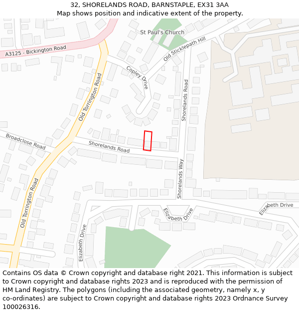 32, SHORELANDS ROAD, BARNSTAPLE, EX31 3AA: Location map and indicative extent of plot