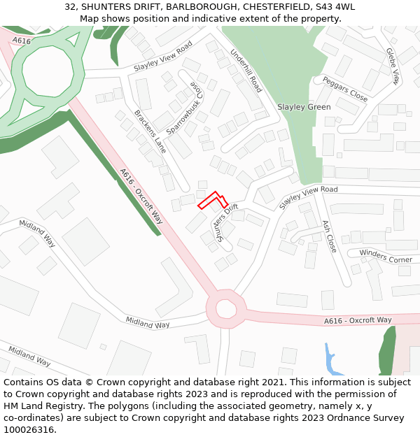 32, SHUNTERS DRIFT, BARLBOROUGH, CHESTERFIELD, S43 4WL: Location map and indicative extent of plot