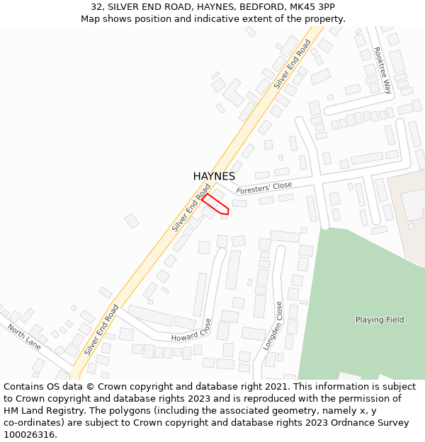 32, SILVER END ROAD, HAYNES, BEDFORD, MK45 3PP: Location map and indicative extent of plot